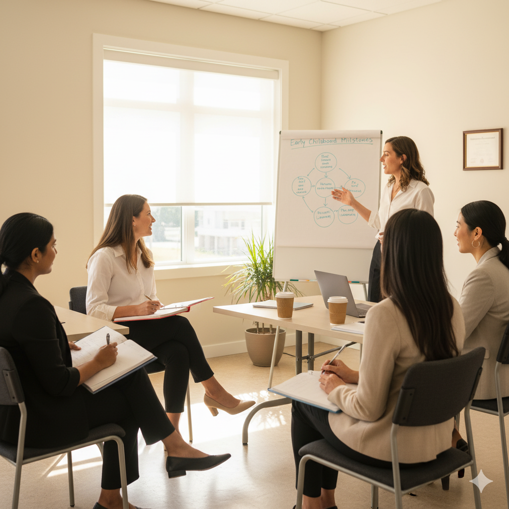 FCDNA educator training workshop - diverse educators learning about early childhood milestones