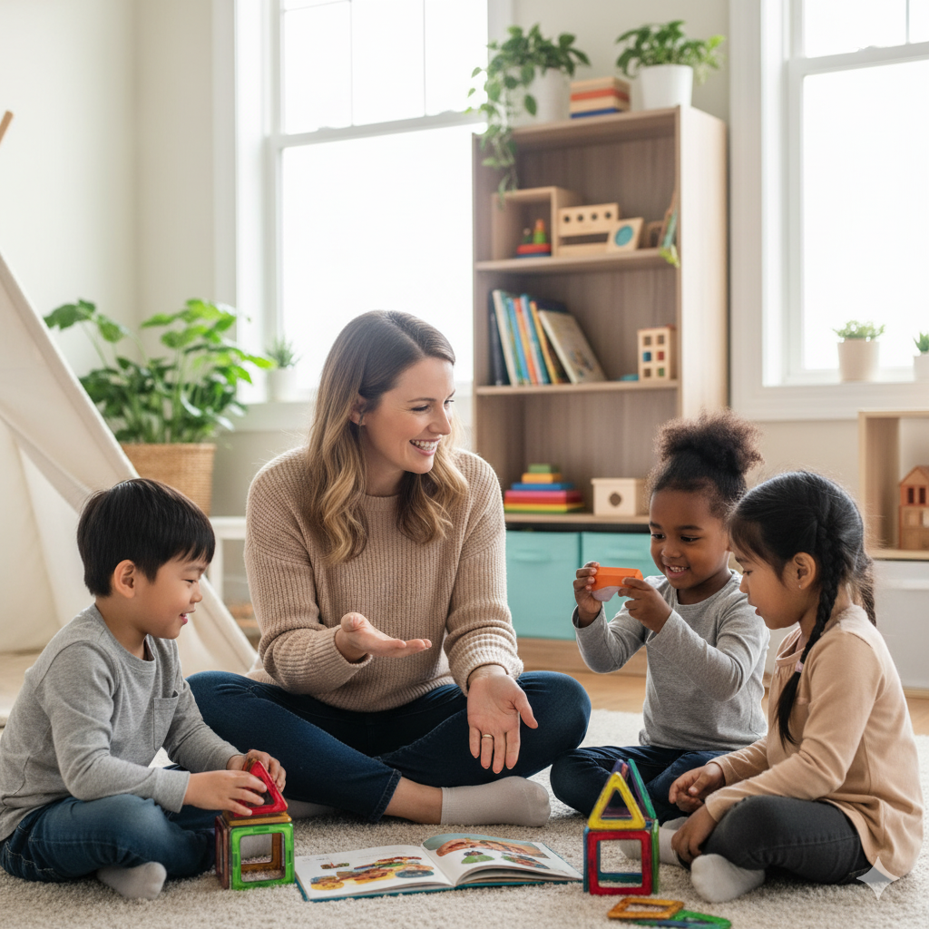 Licensed family day home educator playing with diverse children in bright Calgary home environment